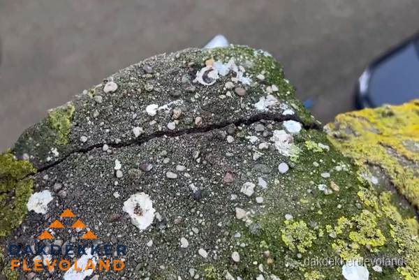 Beschadigde en verweerde nokvorst met scheuren en mos in Flevoland Beschadigde en verweerde nokvorst met scheuren en mos in Flevoland