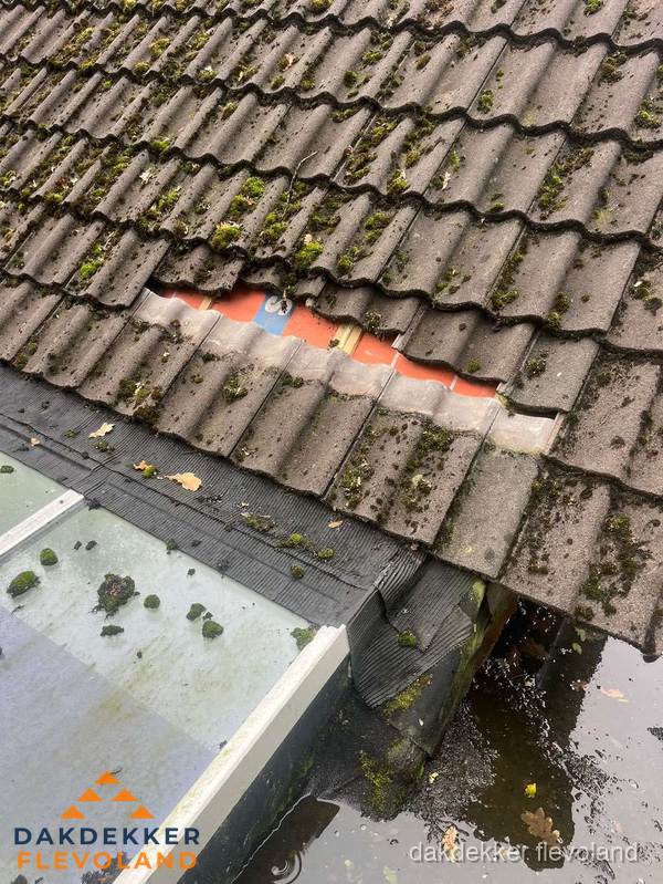 Beschadigd pannendak met ontbrekende dakpannen voor reparatie in Flevoland