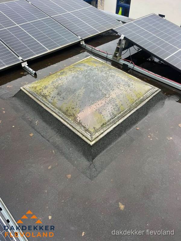Vervuilde lichtkoepel op plat dak met zonnepanelen in Flevoland Vervuilde lichtkoepel op plat dak met zonnepanelen in Flevoland