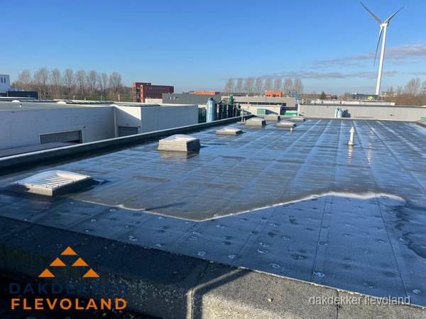 Plat dak bedrijfspand met bitumen dakbedekking en lichtkoepels in Flevoland Plat dak bedrijfspand met bitumen dakbedekking en lichtkoepels in Flevoland