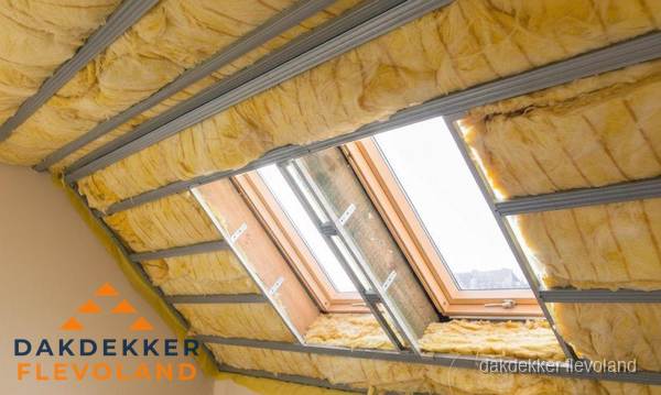 Schuin dak isoleren met glaswol bij dakraam in Flevoland Schuin dak isoleren met glaswol bij dakraam in Flevoland