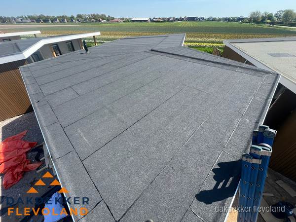 Nieuw bitumen plat dak met uitzicht over landschap in Flevoland Nieuw bitumen plat dak met uitzicht over landschap in Flevoland